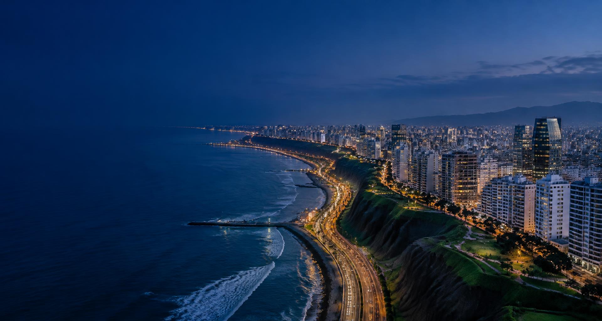 Vista panorámica ilustrativa de la costa de Lima al anochecer